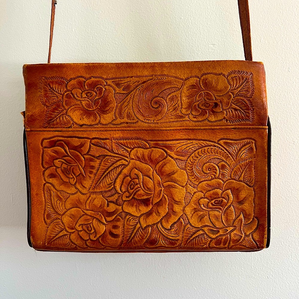 Vintage Brown Tooled Leather Floral Handbag/Purse